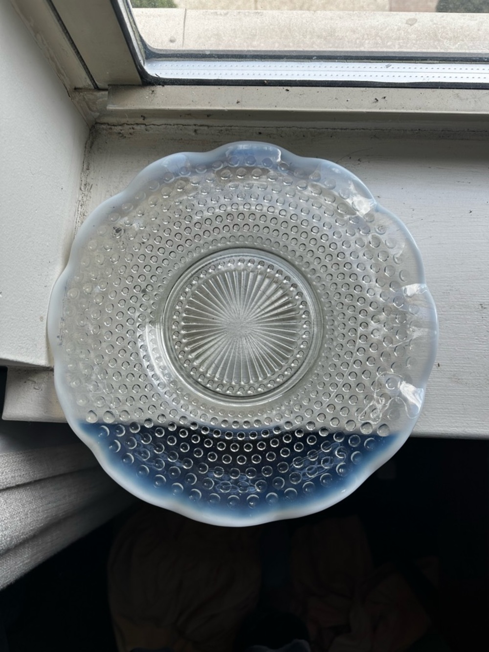 Opalescent Plate  Anchor Hocking Hobnail Ruffled Moonstone vintage